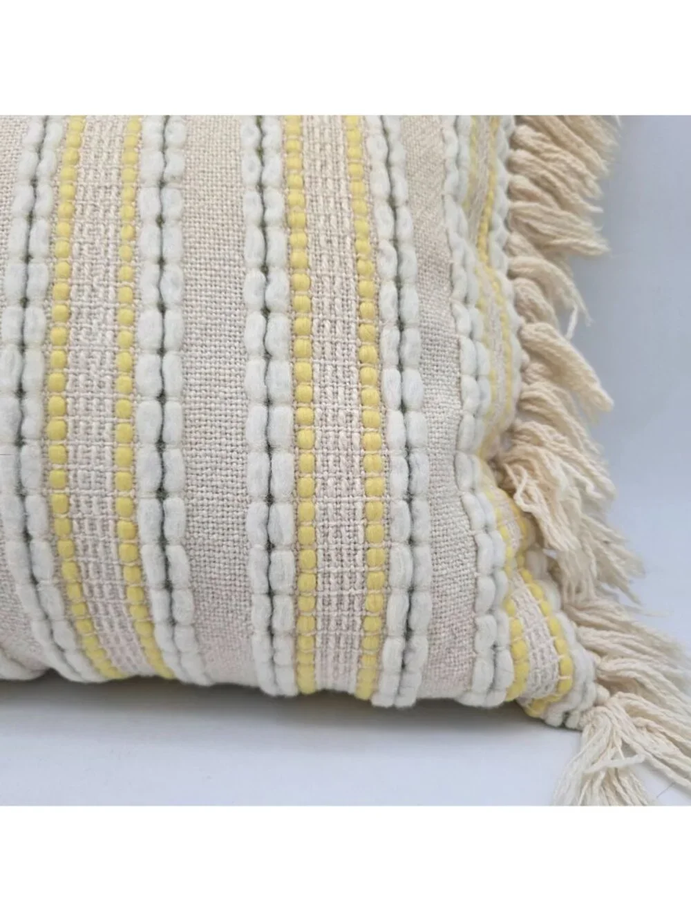 MCM Yellow & Cream Striped Woven Throw Pillow Fringe Accents 20